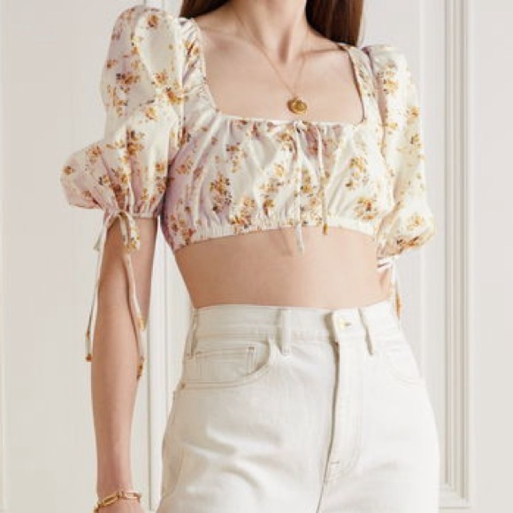 REFORMATION Marcella Cropped Floral Print Organic Cotton Blend Top